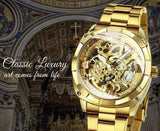 New Square Gold Skeleton Automatic Engraved Movement Luxury Stainless Steel Mechanical Watches - The Jewellery Supermarket