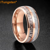 Polished Bevel Edges Deer Antler, Meteorolite Inlay 6/8mm Tungsten Carbide Rings