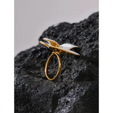 18k Gold Plated Exquisite White Enamel Flower Fashion Chic Adjustable Stainless Steel Ring