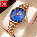 Elegant Luxury Zircon Diamond Rose Gold Colour Stainless Steel Waterproof Date Ladies Dress Wristwatches, Ideal Gift
