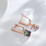 Amazing 14K Rolled Rose Gold Square Colorful AAA Zircon Crystals Long Drop Earrings - Luxury Fashion Jewellery