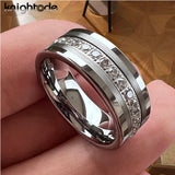 Inlaid Zircon Silver/Black Brushed Finish 8MM Tungsten Steel Wedding Rings