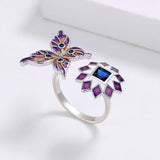 Butterfly Flower Red Green AAA Zircon Crystals Handmade Enamel Open Ring
