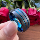 Domed Brushed Finish 8MM Black Blue Tungsten Carbide  Wedding Rings for Men Women