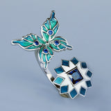 Butterfly Flower Red Green AAA Zircon Crystals Handmade Enamel Open Ring