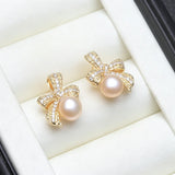 Beautiful Bow Design Real Pearl AAA Zircon Diamonds Silver Gold Colour Stud Earrings