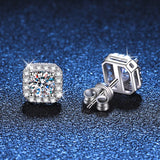 925 Sterling Silver D Colour VVS1 Moissanite Diamonds Square Halo Stud Earrings