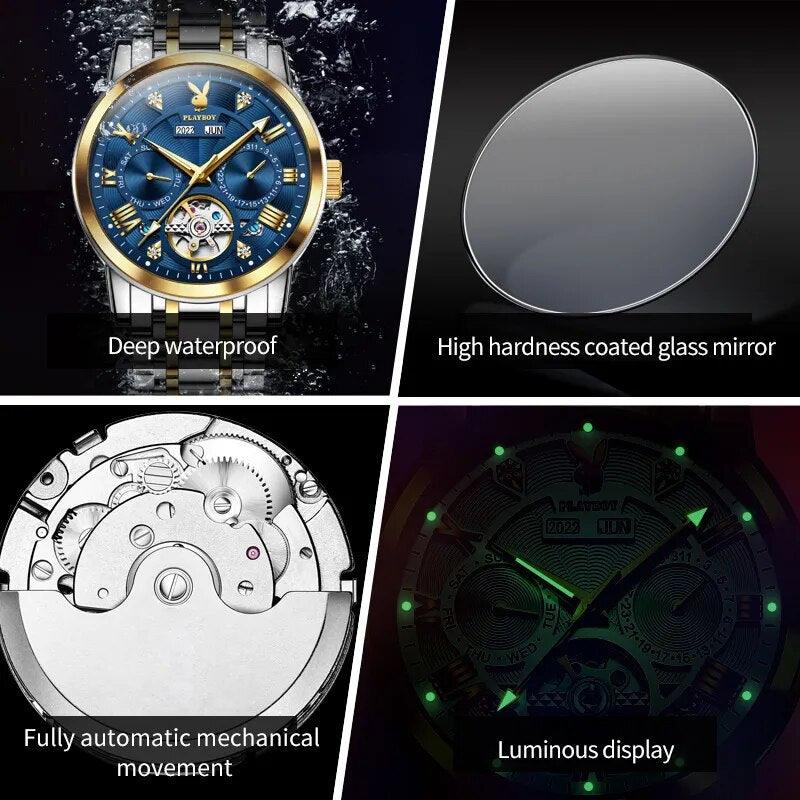Luxury Brand Men's Watches - Automatic Mechanical Waterproof Stainless Steel Strap Business Skeleton Watches - The Jewellery Supermarket