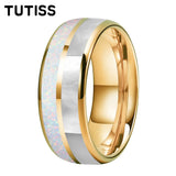 Dome Double Groove Inlaid With White Opal Stone Mother Of Pearl Shell Tungsten Rings