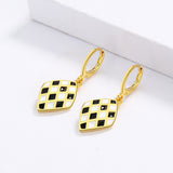Handmade Enamel Exquisite Diamond Black and White Plaid 925 Silver Earrings