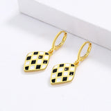 Handmade Enamel Exquisite Diamond Black and White Plaid 925 Silver Earrings