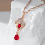 Luxury 14K Rolled Rose Gold Red Pomegranate Flower AAA Zircon Crsytals Necklace For Women - Retro Party Jewellery