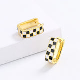 High Quality Checkerboard Handmade Enamel Black and White Plaid Stud Earrings