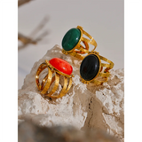 18K Gold Plated Red Black Green Stone Stainless Steel Open Adjustable Popular Fashion Ring