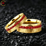 Hammered Faceted Brushed Finish Red Crystal Stone Inlay Gold Color Tungsten Rings