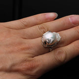 Real Freshwater Natural Baroque Large Pearl AAA Zircon Diamonds Silver Ring
