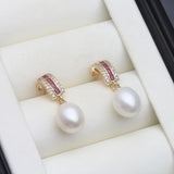 Curved Bar Silver Multicolour Real Pearl Red and Clear AAA zirconia Dangle Earrings