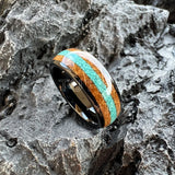 Amazing Whiskey Barrel Oak Wood Crushed Turquoise Inlay Tungsten Carbide Rings