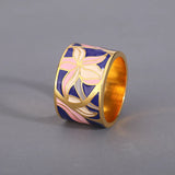New Enamel Handmade 18KGP Hand Painted Pink Blue Floral Wide Ring