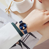 Elegant Simple Fashion Rose Gold Colour Case Ladie's Watch Blue Stainless Steel Mesh Belt Quartz Waterproof Watches