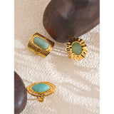 18K Gold Plated Green Natural Stone Fashion Adjustable Stainless Steel Geometric Open Ring