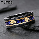 New 8mm Black Hammered Inlay Blue Glass Stone Gold Foil Tungsten Carbide Rings