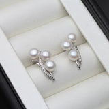 Branch Design Real White Pearl AAA Zircon Diamonds Silver Stud Earrings