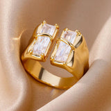 New Trend Irregular Square Stainless Steel Gold Plated Opening Quality Zircon Rings For Girls,Women Fashion Jewellery