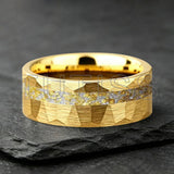 6/8mm Hammered Offset Groove Inlaid Moonstone Gold Foil Tungsten Carbide Rings