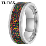 Hammered Tungsten Black Fire Opal Inlay 8mm Tungsten Engagement Ring for Men Women