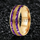 Purple Crystal Stone and Guitar String Inlay 8mm Tungsten Carbide Rings Men Women