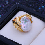 Elegant Natural Freshwater12-16mm Big Baroque Pearl Silver Gold Colour Ring
