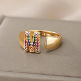 New Rainbow Zircon Letter Rings For Girls, Women - Fashion Chunky Wide Letter A-Z Stainless Steel Rings, Boho Jewellery