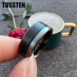 New Arrival 8MM Black Blue Offset Grooved Brushed Tungsten Carbide Wedding Ring for Men Women - The Jewellery Supermarket