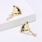 Exquisite Scalloped Flower Handmade White Black Enamel Zircon Diamonds Tassel Earrings