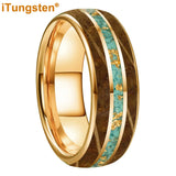 Whiskey Wood And Turquoise Gold Foil Inlay Unisex Tungsten Carbide Unisex Rings
