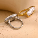 18K Gold Plated Stainless Steel Baroque Long Strip Faux Pearl Ring