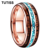 Inlaid Hawaiian Koa Wood Sky Blue Crystal Stone 6/8mm Tungsten Carbide Rings