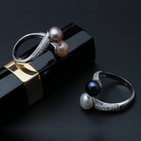 Luxury Real Pink Black White Purple Double Pearl AAA Zircon Diamonds Silver Rings