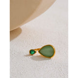 14K Gold Plated Stainless Steel Green Natural Stone AAA Zirconia Water Drop Geometric Ring