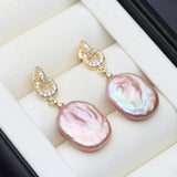 Moon Shape Baroque White Pink Pearls AAA Zircon Diamonds Silver Earrings
