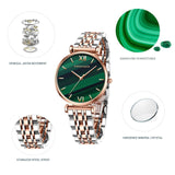 Elegant Fashion Green Malachite Dial Casual Ladies Watches - Stainless Steel Strap Waterproof Quartz Wristwatches