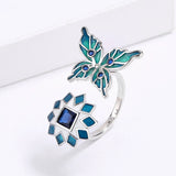 Butterfly Flower Red Green AAA Zircon Crystals Handmade Enamel Open Ring