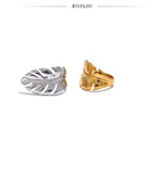 18K Gold Plated Stylish Design Stainless Steel Metal Leaf Leaves Open Ring Fashion Jewellery