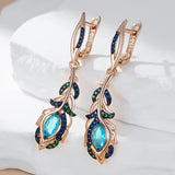 14 Karat Rolled Gold Blue AAA Zircon Crystals Flower Long Drop Earrings For Women