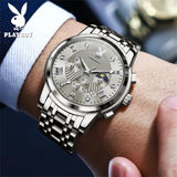 Luxury Men's Stainless Steel Quartz Wristwatch Waterproof Moon Phase Classic Trendy Multifunctional Watch For Men