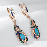 14 Karat Rolled Gold Blue AAA Zircon Crystals Flower Long Drop Earrings For Women