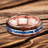 Blue Crystal Stone Inlaid Hawaiian Koa Wood 6/8mm Tungsten Carbide Rings