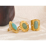 18K Gold Plated Green Natural Stone Fashion Adjustable Stainless Steel Geometric Open Ring