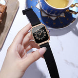 New Women's Square Watch - Fashion Silicone Strap Simulated Smart Dial 35mm Black Rose Gold Quartz Movement Watch